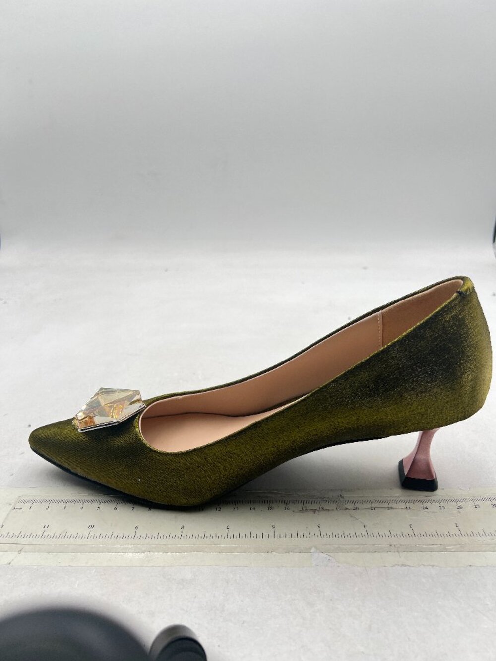FSJ Olive Crystal Pom Pom Pointed Toe Low Heel Pumps for Wedding